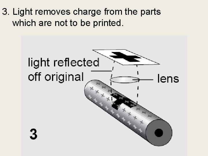 3. Light removes charge from the parts which are not to be printed. 