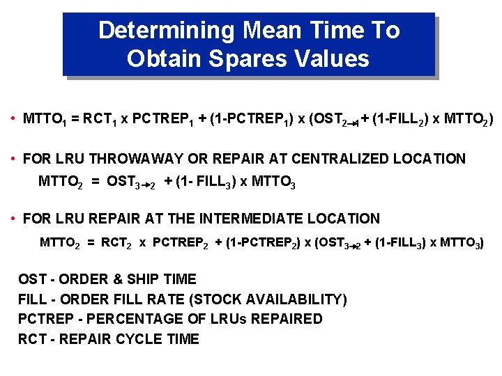 Determining Mean Time To Obtain Spares Values • MTTO 1 = RCT 1 x