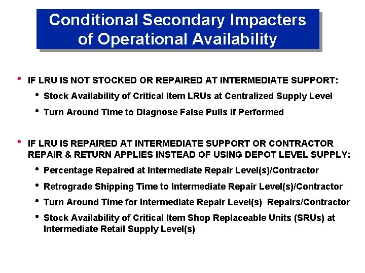 Conditional Secondary Impacters of Operational Availability h IF LRU IS NOT STOCKED OR REPAIRED