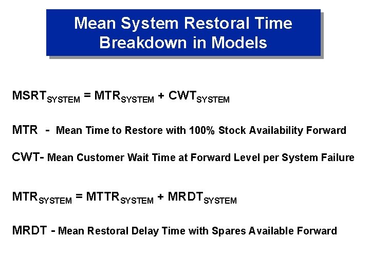 Mean System Restoral Time Breakdown in Models MSRTSYSTEM = MTRSYSTEM + CWTSYSTEM MTR -