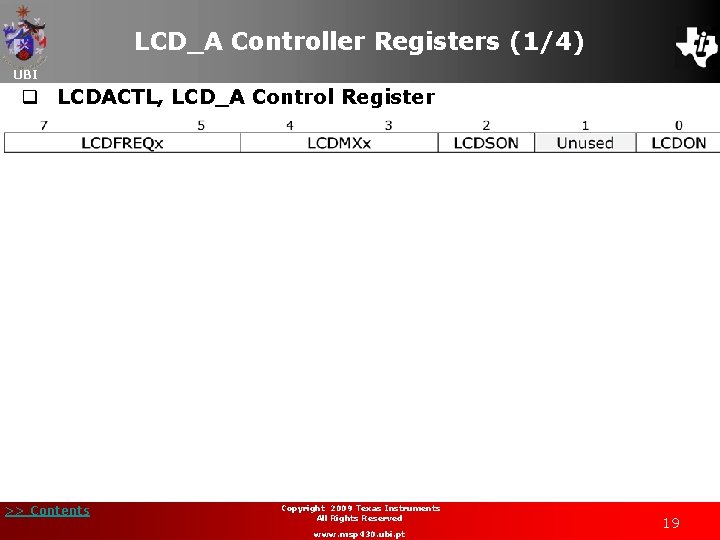 LCD_A Controller Registers (1/4) UBI q LCDACTL, LCD_A Control Register >> Contents Copyright 2009