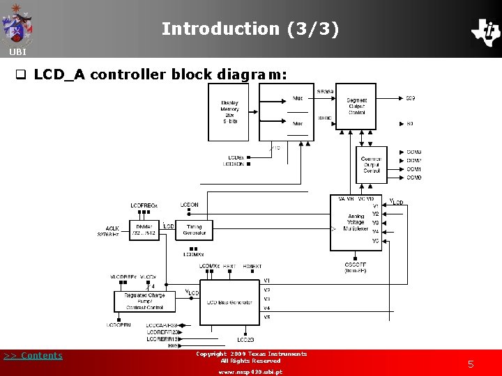 Introduction (3/3) UBI q LCD_A controller block diagram: >> Contents Copyright 2009 Texas Instruments