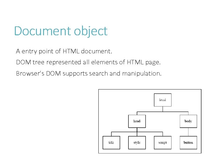 Document object A entry point of HTML document. DOM tree represented all elements of