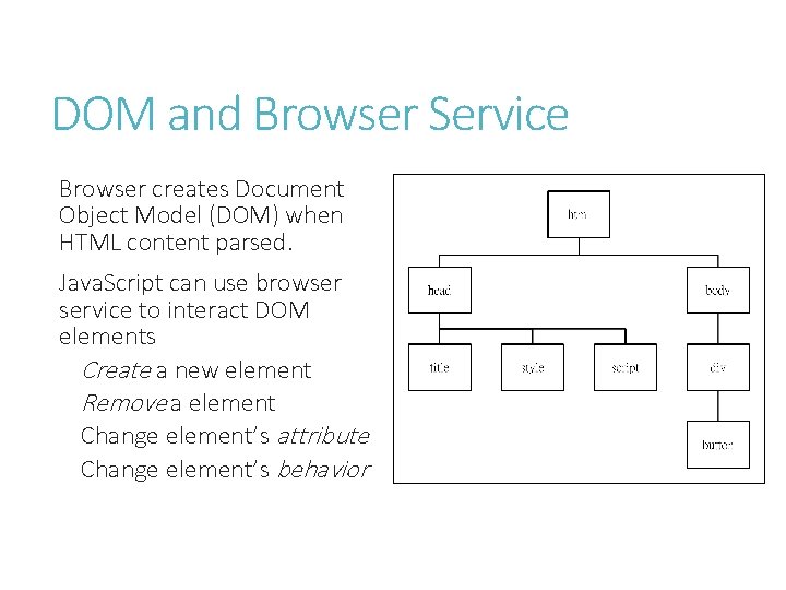 DOM and Browser Service Browser creates Document Object Model (DOM) when HTML content parsed.