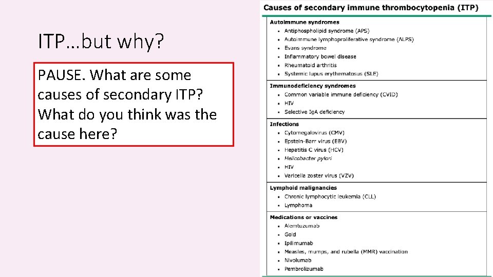 ITP…but why? PAUSE. What are some causes of secondary ITP? What do you think