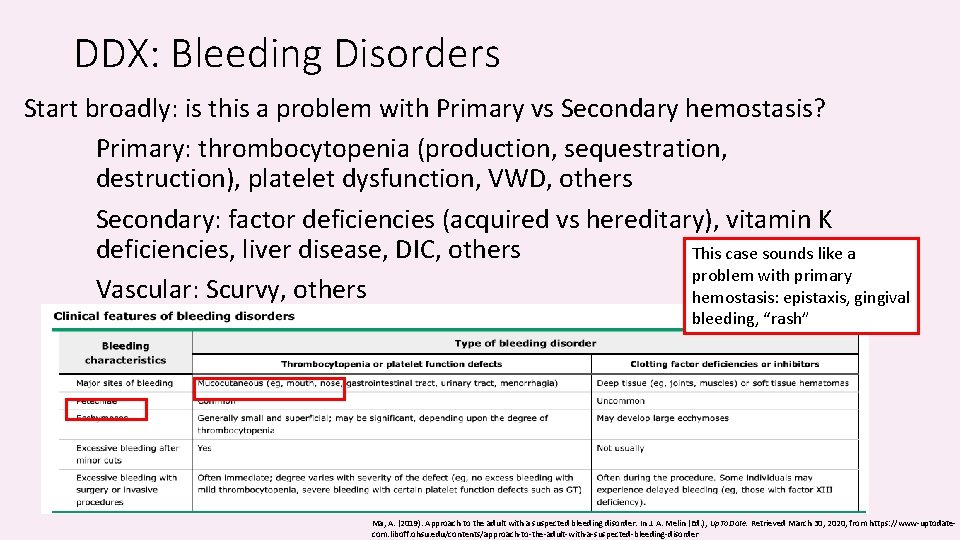 DDX: Bleeding Disorders Start broadly: is this a problem with Primary vs Secondary hemostasis?