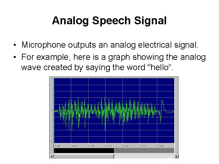 Analog Speech Signal • Microphone outputs an analog electrical signal. • For example, here