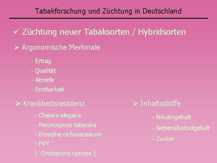 Tabakforschung und Züchtung in Deutschland Züchtung neuer Tabaksorten / Hybridsorten Argonomische Merkmale - Ertrag