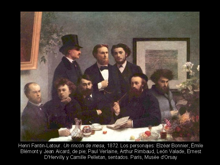 Henri Fantin-Latour. Un rincón de mesa, 1872. Los personajes: Elzéar Bonnier, Émile Blémont y