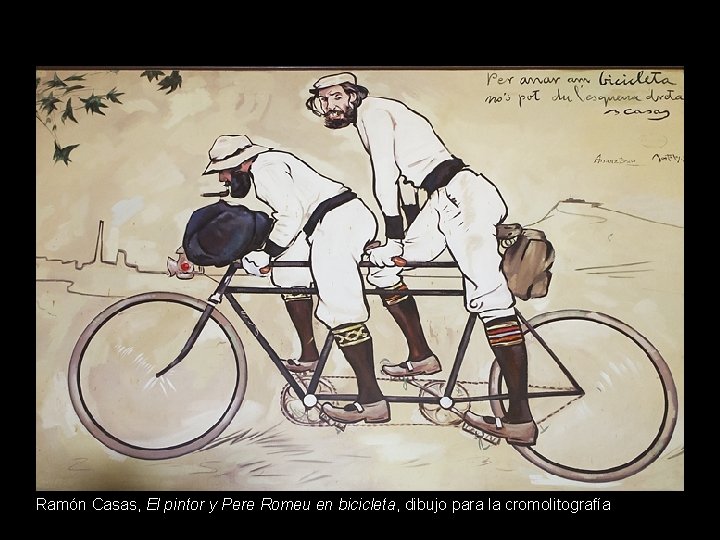 Ramón Casas, El pintor y Pere Romeu en bicicleta, dibujo para la cromolitografía 