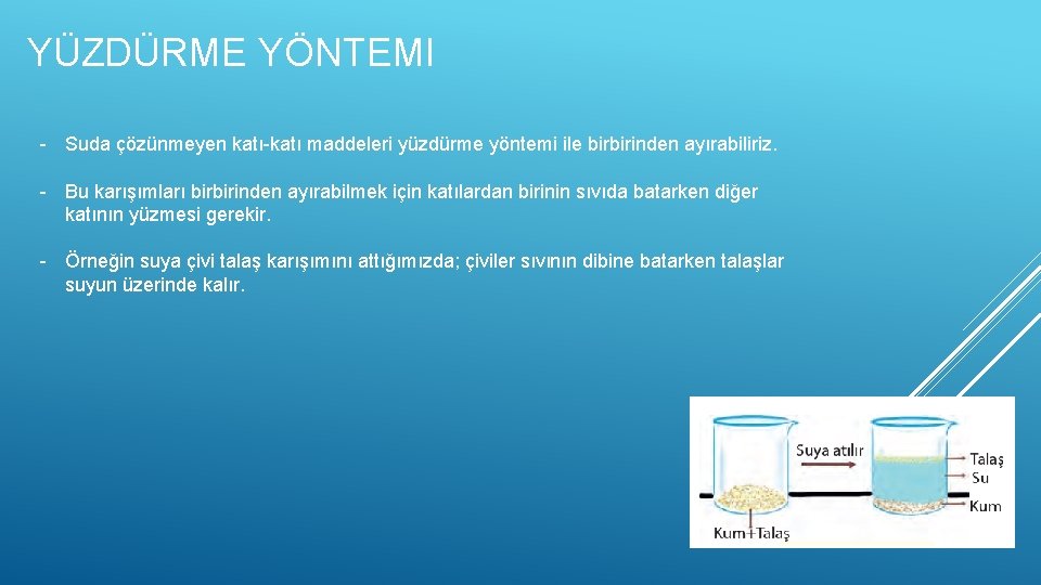 YÜZDÜRME YÖNTEMI - Suda çözünmeyen katı-katı maddeleri yüzdürme yöntemi ile birbirinden ayırabiliriz. - Bu