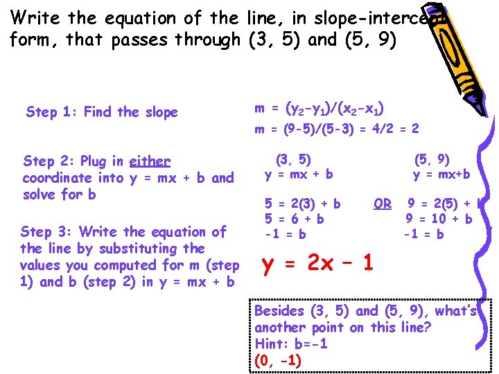 Write the equation of the line, in slope-intercept form, that passes through (3, 5)