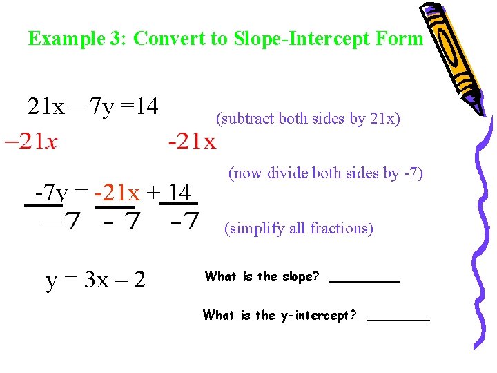 Example 3: Convert to Slope-Intercept Form 21 x – 7 y =14 -7 y