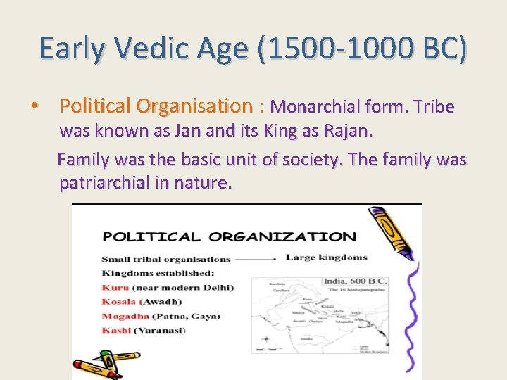 Early Vedic Age (1500 -1000 BC) • Political Organisation : Monarchial form. Tribe was