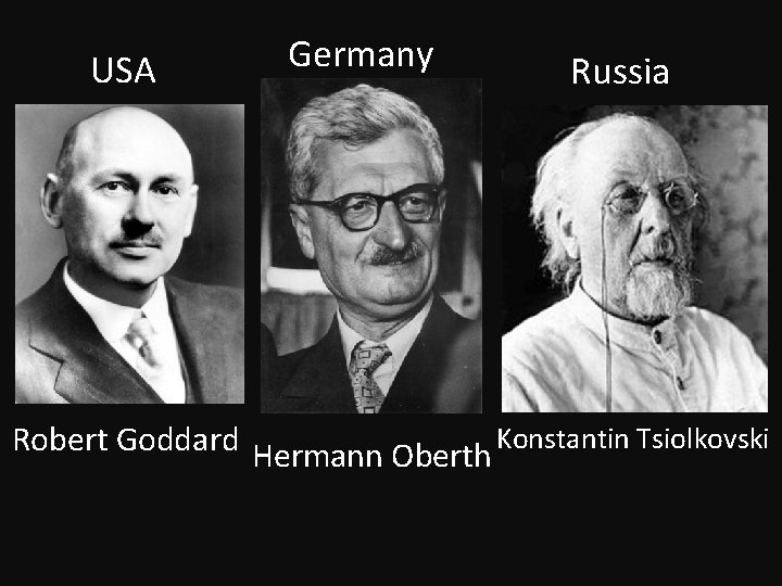 USA Germany Russia Robert Goddard Hermann Oberth Konstantin Tsiolkovski 