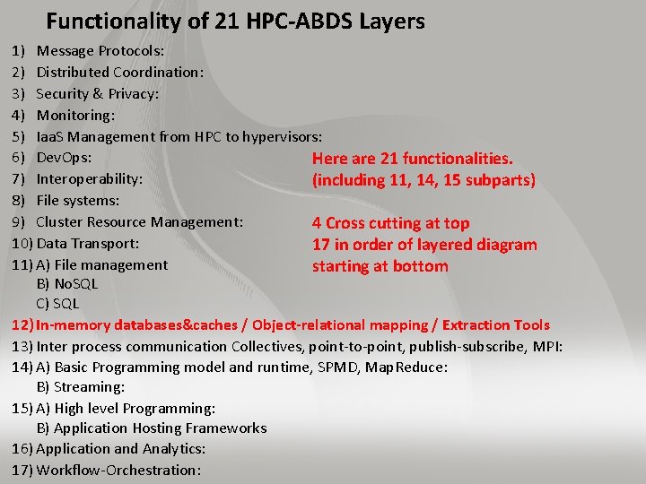 Functionality of 21 HPC-ABDS Layers 1) Message Protocols: 2) Distributed Coordination: 3) Security &