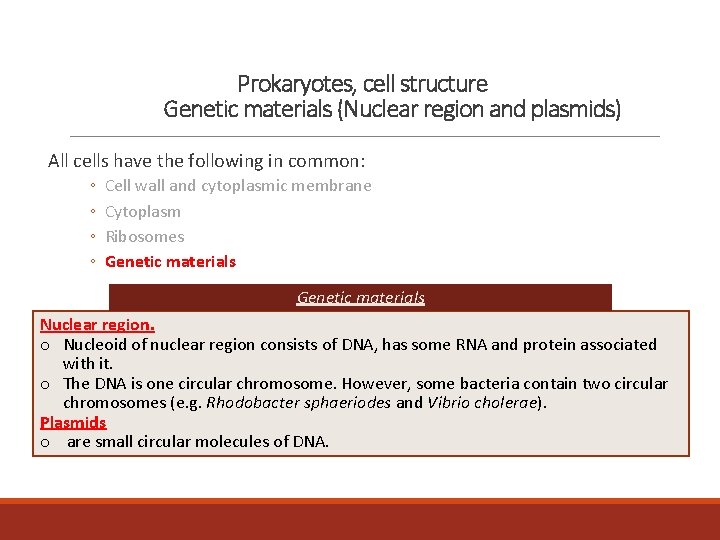 Prokaryotes, cell structure Genetic materials (Nuclear region and plasmids) All cells have the following