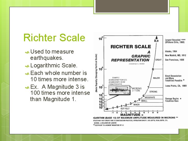 Richter Scale Used to measure earthquakes. Logarithmic Scale. Each whole number is 10 times