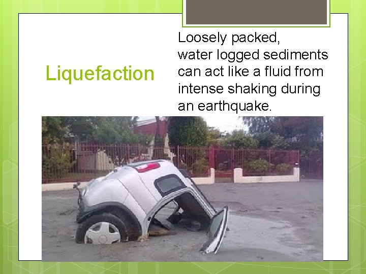 Liquefaction Loosely packed, water logged sediments can act like a fluid from intense shaking