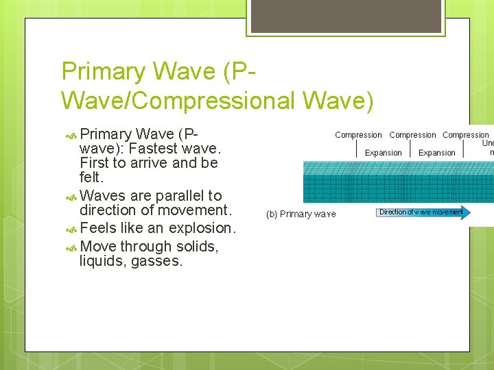 Primary Wave (PWave/Compressional Wave) Primary Wave (Pwave): Fastest wave. First to arrive and be