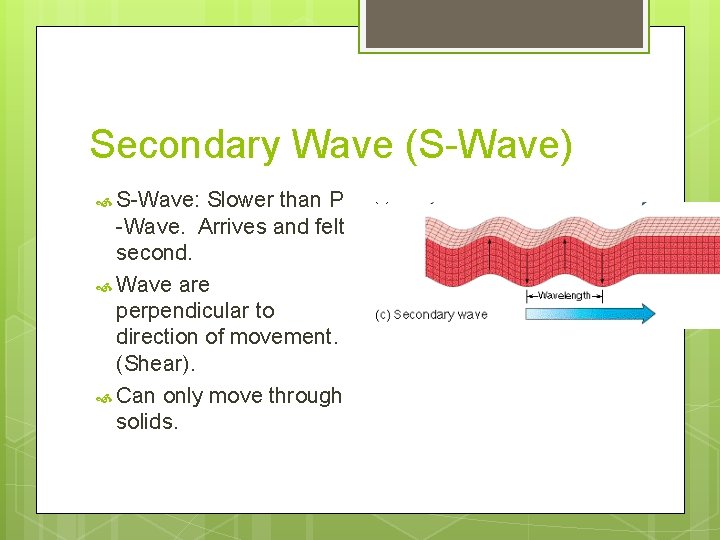 Secondary Wave (S-Wave) S-Wave: Slower than P -Wave. Arrives and felt second. Wave are