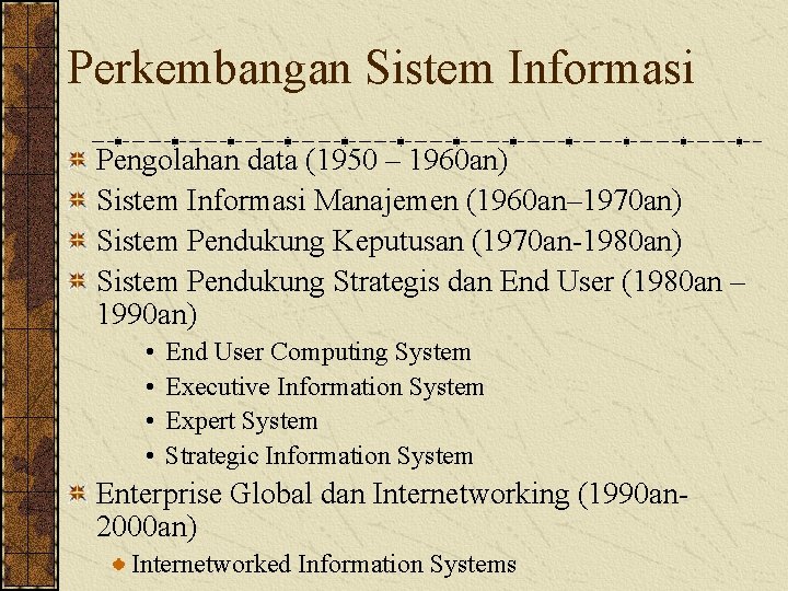 Perkembangan Sistem Informasi Pengolahan data (1950 – 1960 an) Sistem Informasi Manajemen (1960 an–