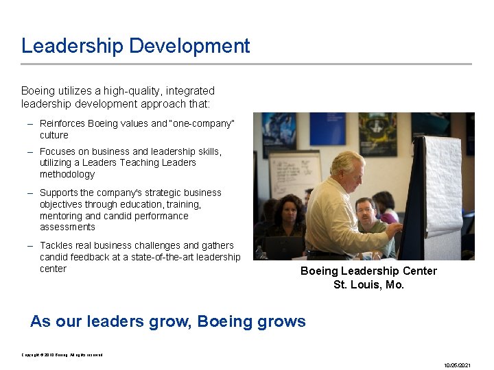 Leadership Development Boeing utilizes a high-quality, integrated leadership development approach that: – Reinforces Boeing