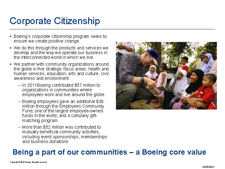 Corporate Citizenship § Boeing’s corporate citizenship program seeks to ensure we create positive change.