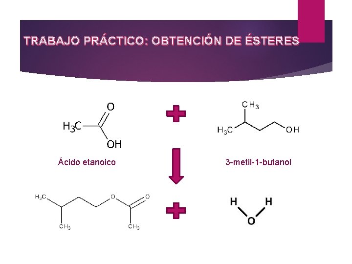 TRABAJO PRÁCTICO: OBTENCIÓN DE ÉSTERES ÁCIDO CARBOXÍLICO ALCOHOL Ácido etanoico 3 -metil-1 -butanol ÉSTE