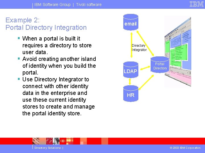 IBM Software Group | Tivoli software Example 2: Portal Directory Integration email § When