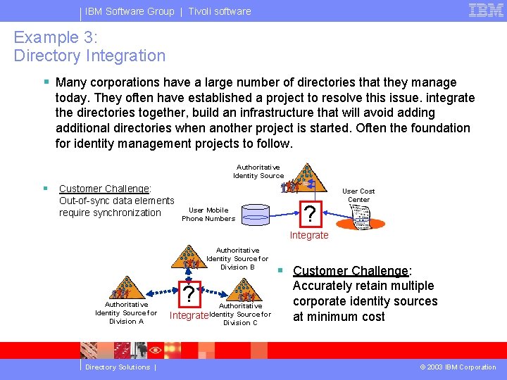 IBM Software Group | Tivoli software Example 3: Directory Integration § Many corporations have