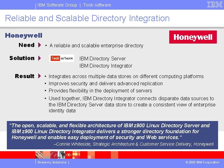 IBM Software Group | Tivoli software Reliable and Scalable Directory Integration Honeywell Need •