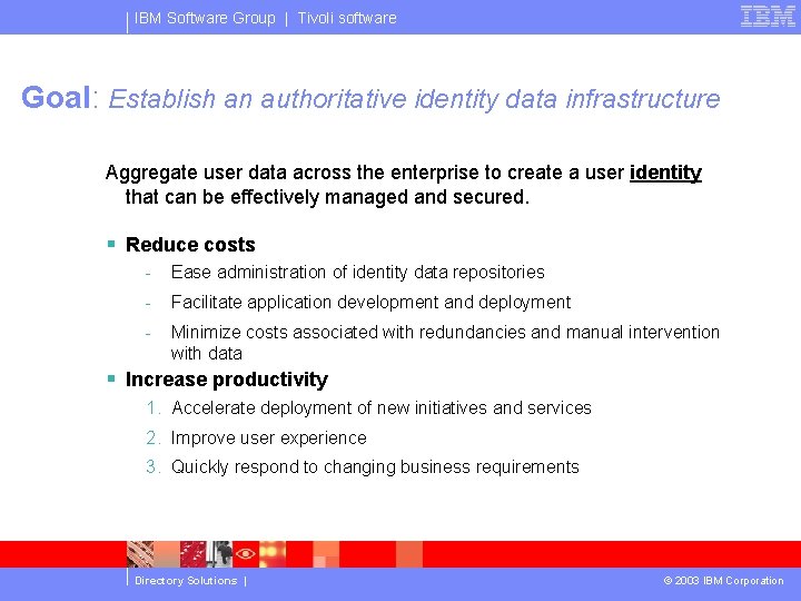 IBM Software Group | Tivoli software Goal: Establish an authoritative identity data infrastructure Aggregate