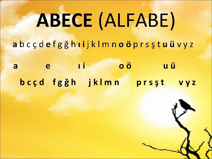 ABECE (ALFABE) abcçdefgğhıijklmnoöprsştuüvyz a e bcçd fgğh ıi oö jklmn uü prsşt vyz 