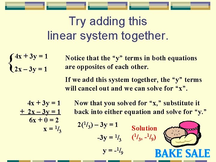 Try adding this linear system together. { 4 x + 3 y = 1