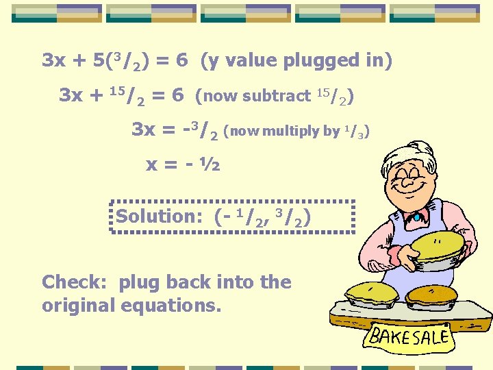 3 x + 5(3/2) = 6 (y value plugged in) 3 x + 15/2