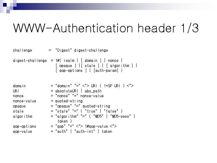 WWW-Authentication header 1/3 challenge = "Digest" digest-challenge = 1#( realm | [ domain ]