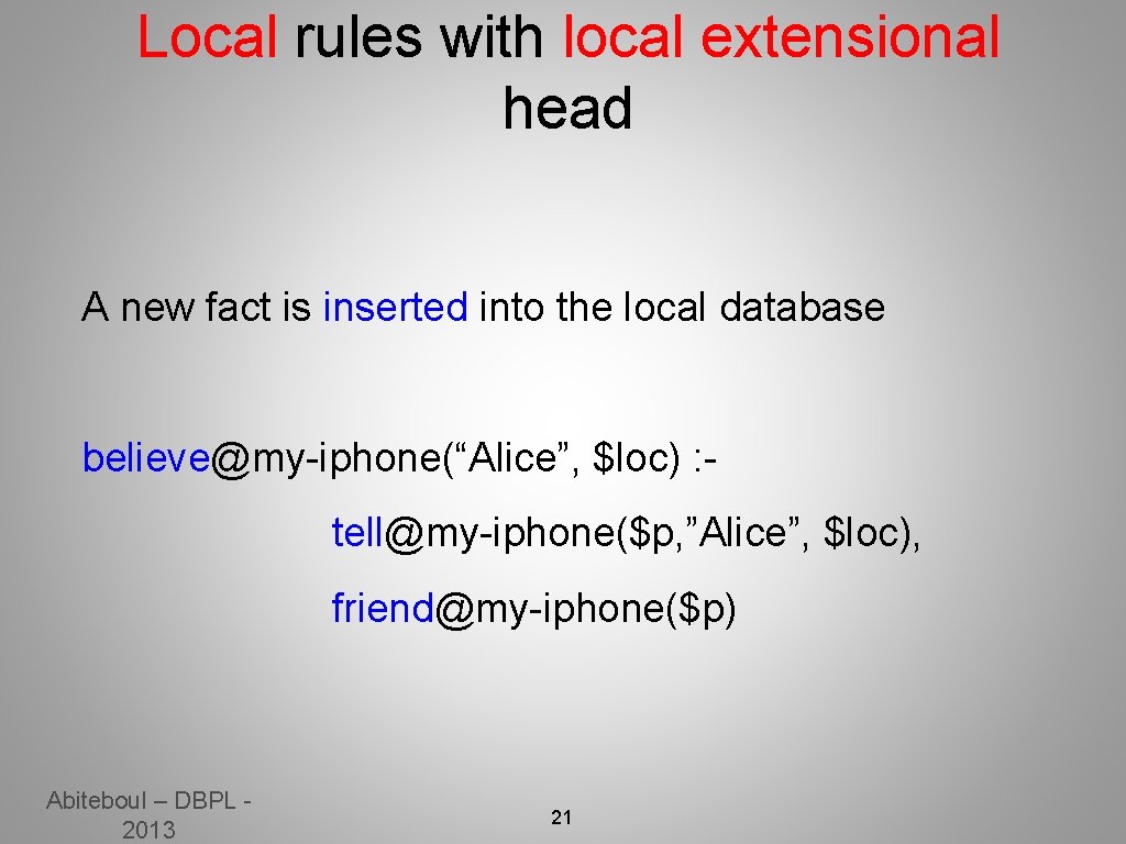 Local rules with local extensional head A new fact is inserted into the local