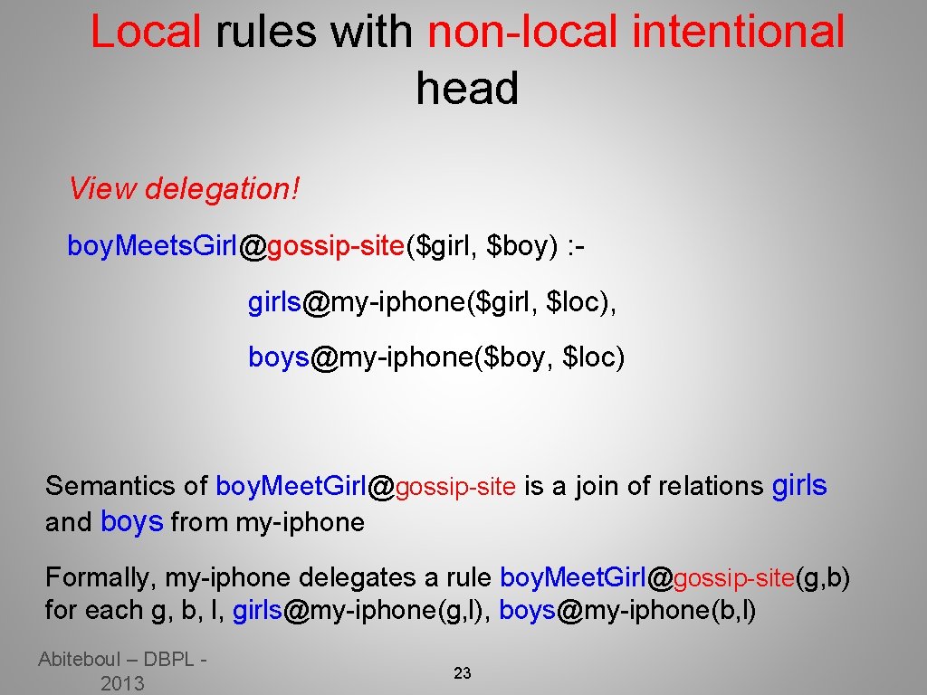 Local rules with non-local intentional head View delegation! boy. Meets. Girl@gossip-site($girl, $boy) : girls@my-iphone($girl,