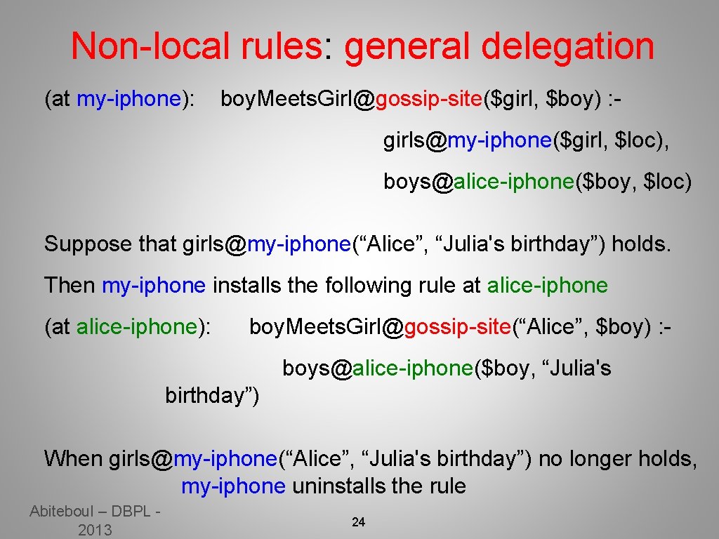 Non-local rules: general delegation (at my-iphone): boy. Meets. Girl@gossip-site($girl, $boy) : girls@my-iphone($girl, $loc), boys@alice-iphone($boy,