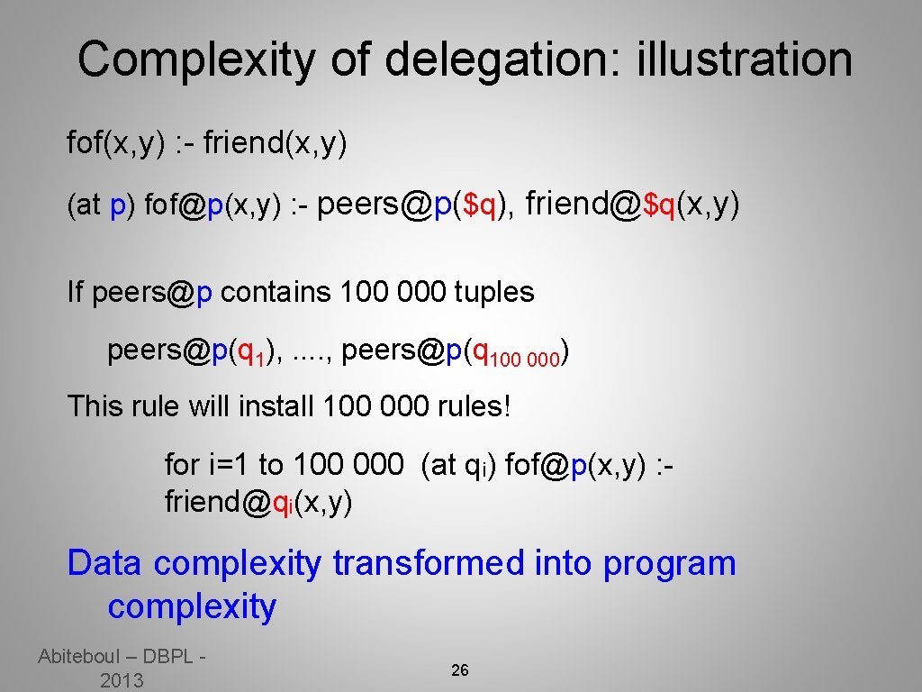 Complexity of delegation: illustration fof(x, y) : - friend(x, y) (at p) fof@p(x, y)