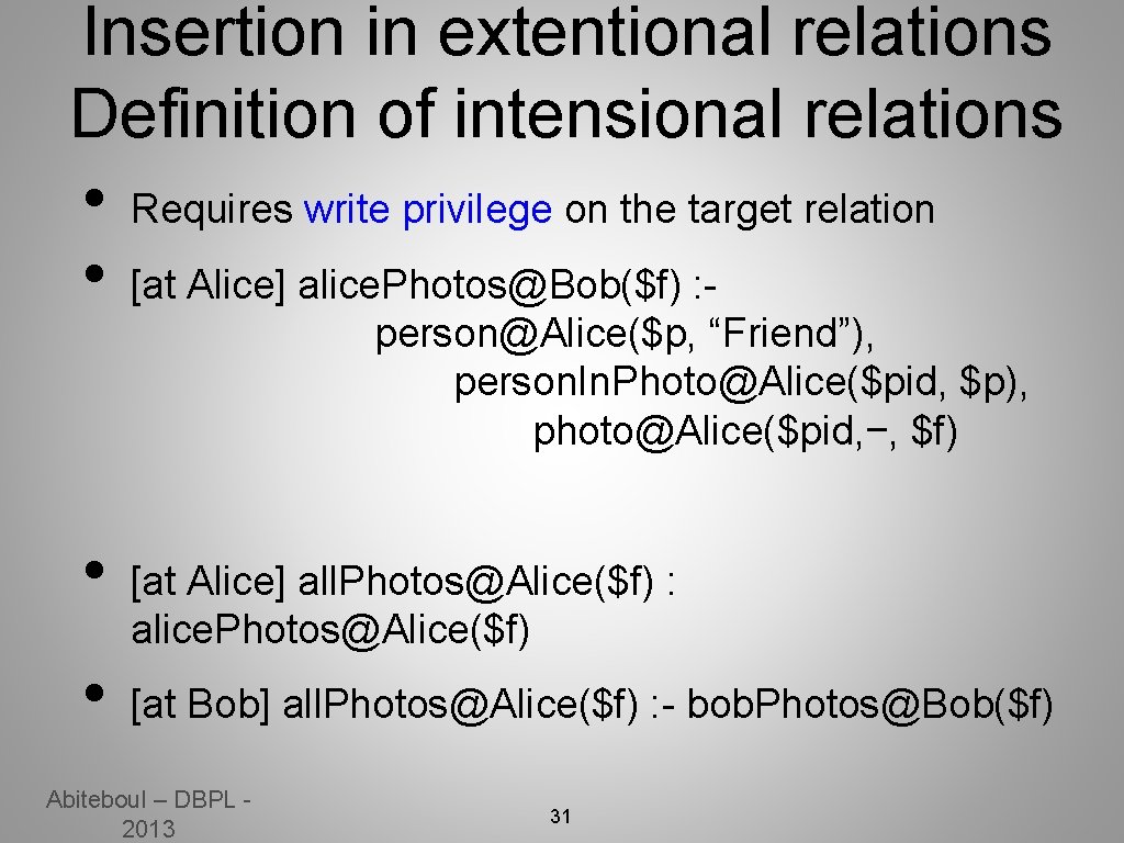 Insertion in extentional relations Definition of intensional relations • Requires write privilege on the
