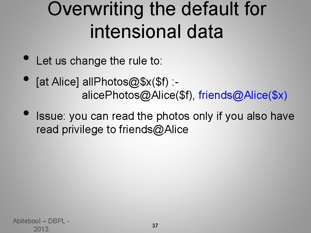 Overwriting the default for intensional data • • • Let us change the rule