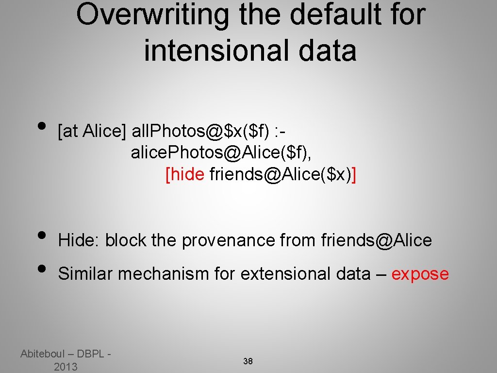 Overwriting the default for intensional data • • • [at Alice] all. Photos@$x($f) :