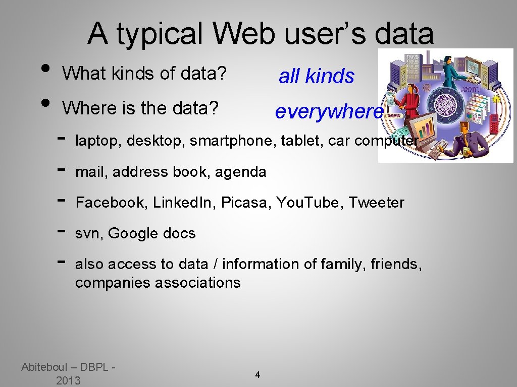 A typical Web user’s data • • What kinds of data? all kinds Where