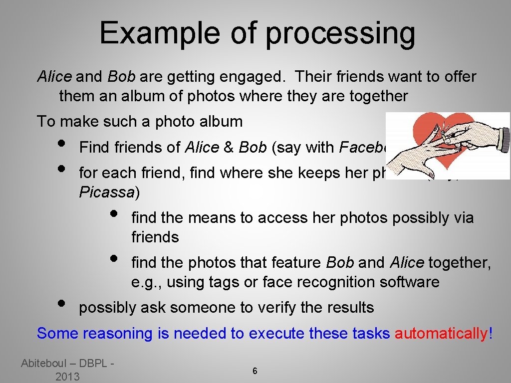 Example of processing Alice and Bob are getting engaged. Their friends want to offer