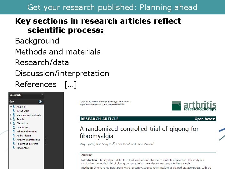 Get your research published: Planning ahead Key sections in research articles reflect scientific process: