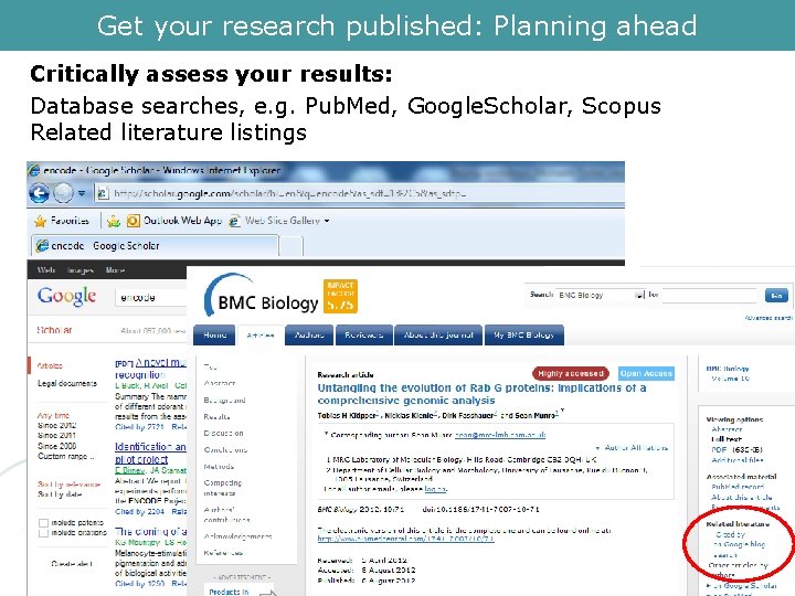 Get your research published: Planning ahead Critically assess your results: Database searches, e. g.