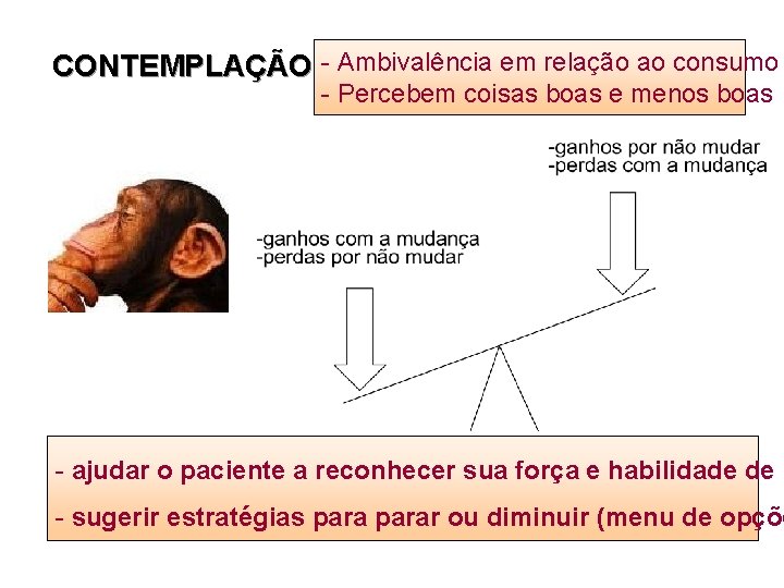 CONTEMPLAÇÃO - Ambivalência em relação ao consumo - Percebem coisas boas e menos boas