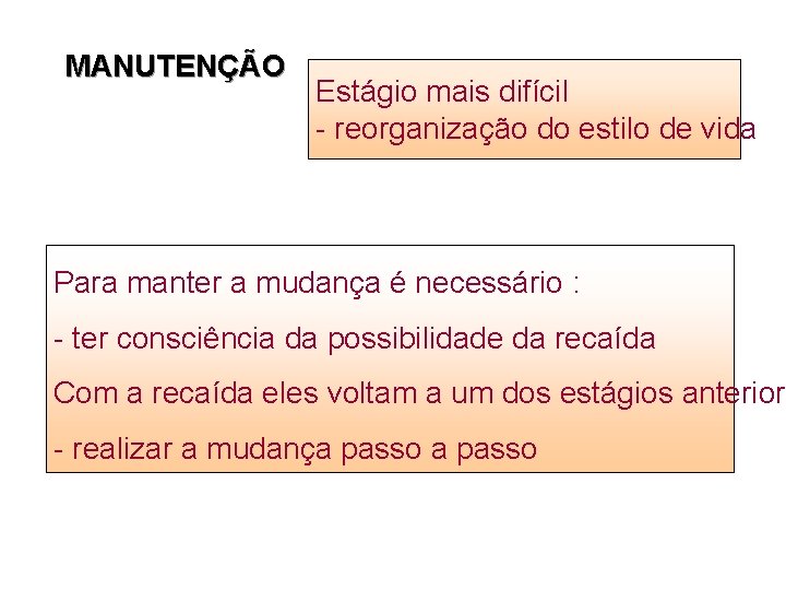 MANUTENÇÃO Estágio mais difícil - reorganização do estilo de vida Para manter a mudança